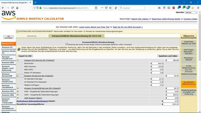 Voraussichtliche Monatsrechnung für eine europäische Webanwendung, die in Irland gehostet wird. Ein möglicher Rabatt wird abgezogen (links unten). (© AWS/Matzer)