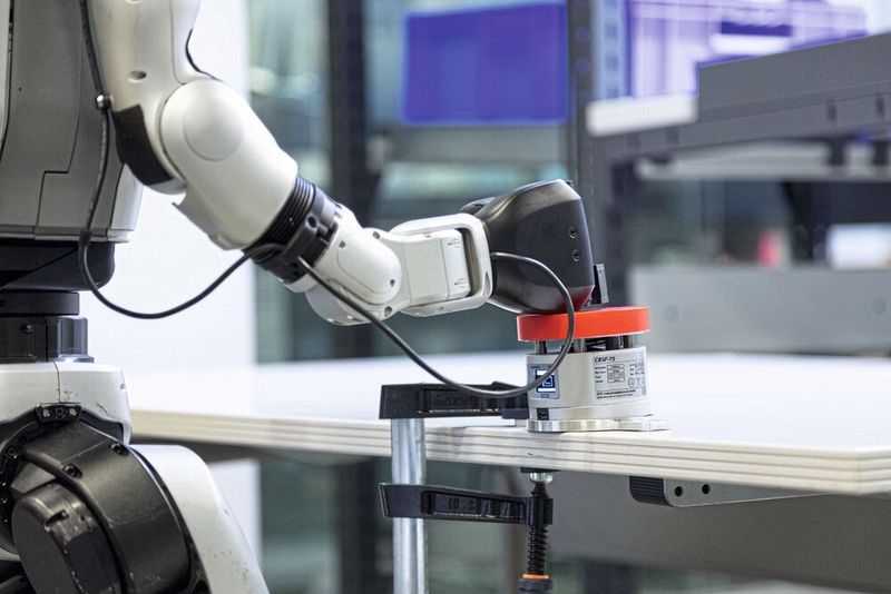 Um die Kraft im Kollisionsfall abzuschätzen, schlägt der Roboter gegen einen Kraftsensor, wie er auch für die Messung bei Cobots eingesetzt wird. (Bild: Fraunhofer IPA/ Rainer Bez)
