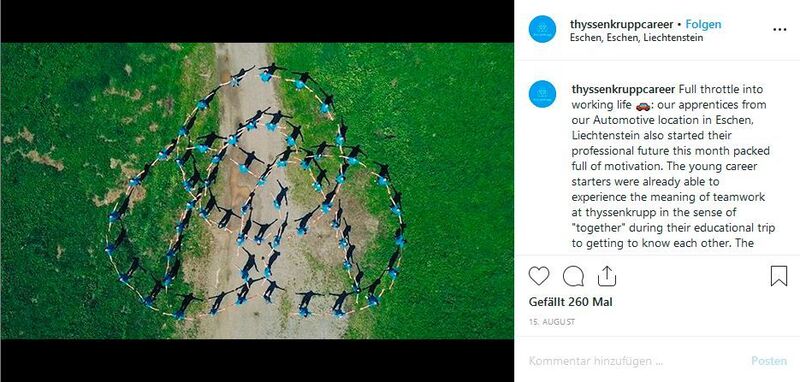 Einblick in das Instagram-Profil von ThyssenKrupp: Auf dem Karriere-Account zeigt das Unternehmen seine Mitarbeiter weltweit. Die Unternehmensfarbe Hellblau zieht sich wie ein roter Faden durch das Profil. (Screenshot Instagram ThyssenKrupp)