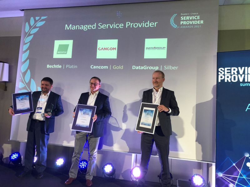 Bechtle mit Platin, Cancom mit Gold und DataGroup mit Silber (v.l.) – das sind die Sieger der Kategorie „Managed Service Provider“. ()