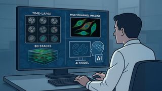 Afb. 1: Microscopen met hoge resolutie genereren tegenwoordig in korte tijd enorme hoeveelheden gegevens: time-lapse-opnames, opnames met meerdere kanalen, 3D-stacks. Een nieuwe aanpak toont aan dat slechts twee zorgvuldig geselecteerde microscopiebeelden al voldoende kunnen zijn om de digitale beeldanalyse met behulp van vooraf getrainde AI-modellen aanzienlijk te verbeteren. (Symbolische afbeelding) (Afbeelding:GPT Image Editor / Door AI gegenereerd)