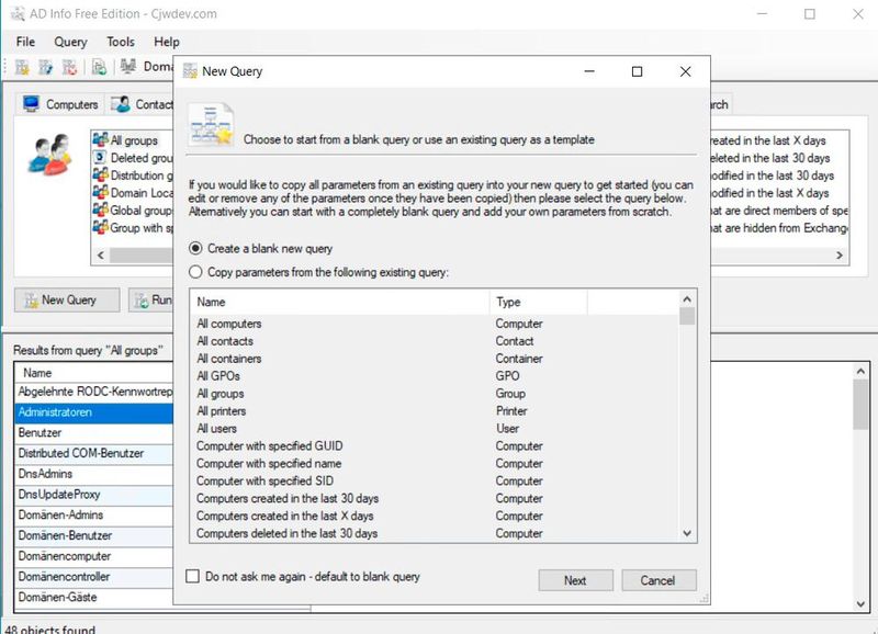 Auch eigene Abfragen sind in AD Info möglich. (Bild: Joos / Cjwdev)