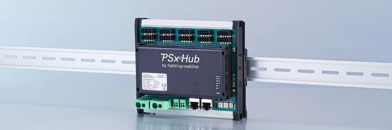 Der intelligente PSxHub bietet als aktive Buskomponente eine einfache Integration für bis zu 16 Positioniersysteme der PSD-Familie von Halstrup-Walcher.(Bild:  Halstrup-Walcher GmbH)