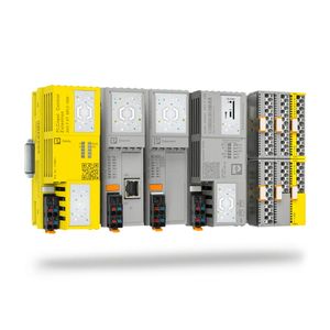 Links- und rechtsseitige Modulariät: Safety-Modul AXC F XT SPLC 1000, Ethernet-Erweiterungsmodul AXC F XT ETH 1TX und PCIe-Switch AXC F XT EXP sowie PLC-Next-Steuerung AXC F 2151 und Smart Elements-Module AXL SE (von links nach rechts).(Phoenix Contact)
