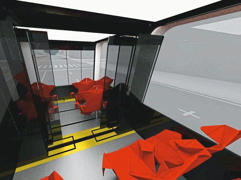 Sind die Pods erst einmal aneinander gekoppelt, können sich Passagiere frei bewegen – wie in einem Bus.  (Next Future Transportation)