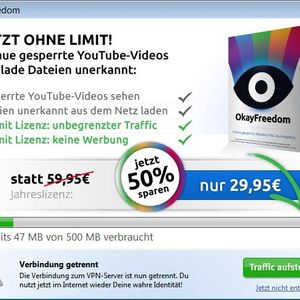 Bei OkayFreedom gibt es monatlich 500 MByte kostenlosen VPN-Traffic. Nutzer müssen sich dafür mit der Werbung des Anbieters arrangieren.