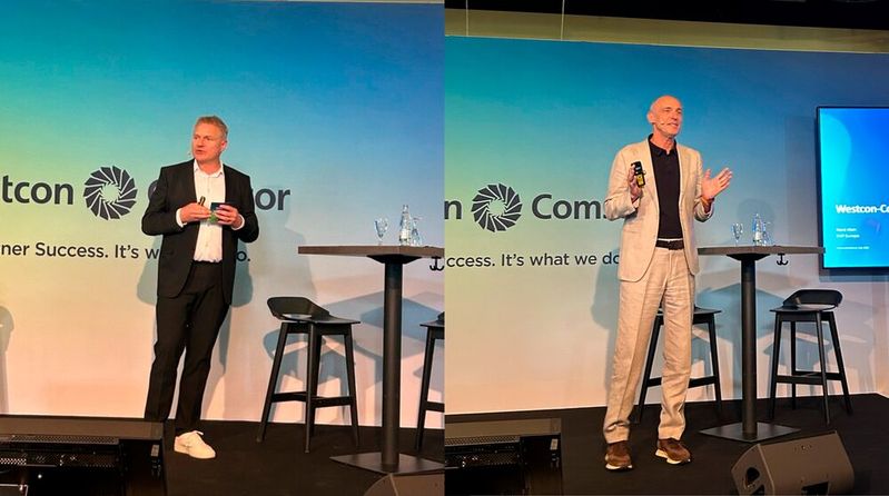 Jens Gerken (l.) und Rene Klein sprachen bei der Partnerkonferenz in Gelsenkirchen unter anderem über die Veränderungen im Markt und über die Bedeutung von Zusammenarbeit. (Bild:  Vogel IT-Medien)