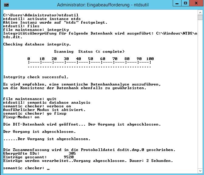 Abbildung 13: In der Befehlszeile können Administratoren auch die Active-Directory-Datenbank überprüfen. (Joos)