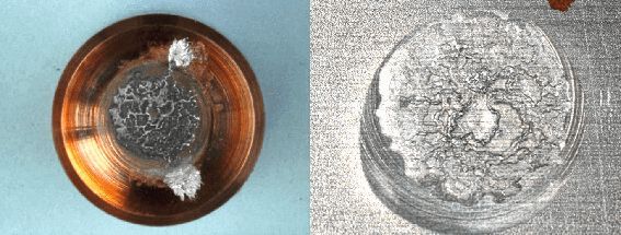 Links: konventionell gefräste Schweißkappe mit geschädigter Kontaktfläche. Rechts: dazugehörige Blechoberfläche.  (Bild: GSImbH, Niederlassung SLV München)