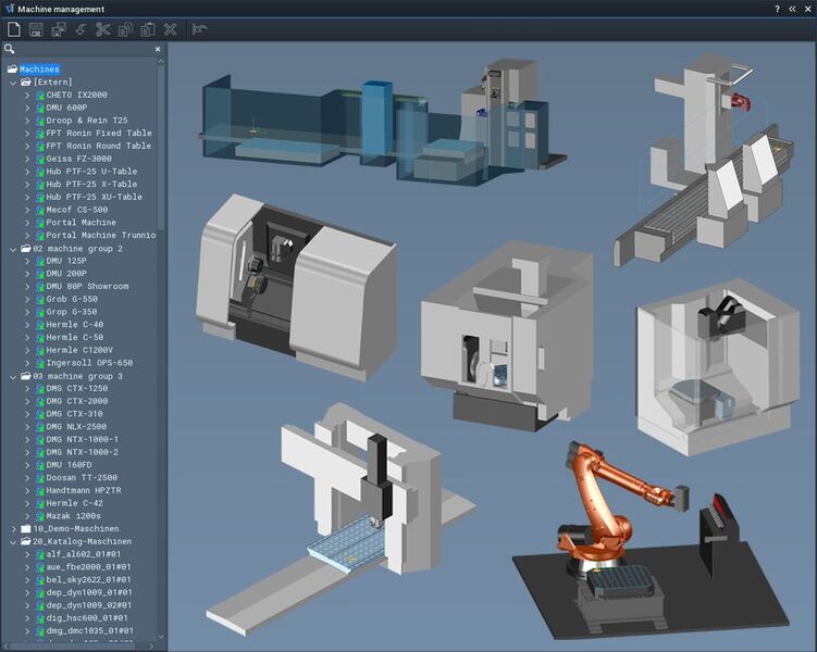The Tebis machine library contains more than 800 virtual machine models in 3,000 variants – including multi-axis machines such as turning/milling machines and lathes with a main and secondary spindle. (Tebis)