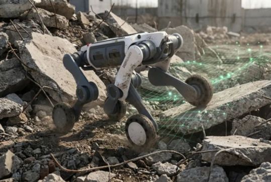 Der Emergency-Rescue-Roboter Lynx M20 von DeepRobotics kann medizinische Produkte oder Ausrüstung zu einsturzgefährdetem oder überflutetem Gelände bringen.(Bild:  DeepRobotics)