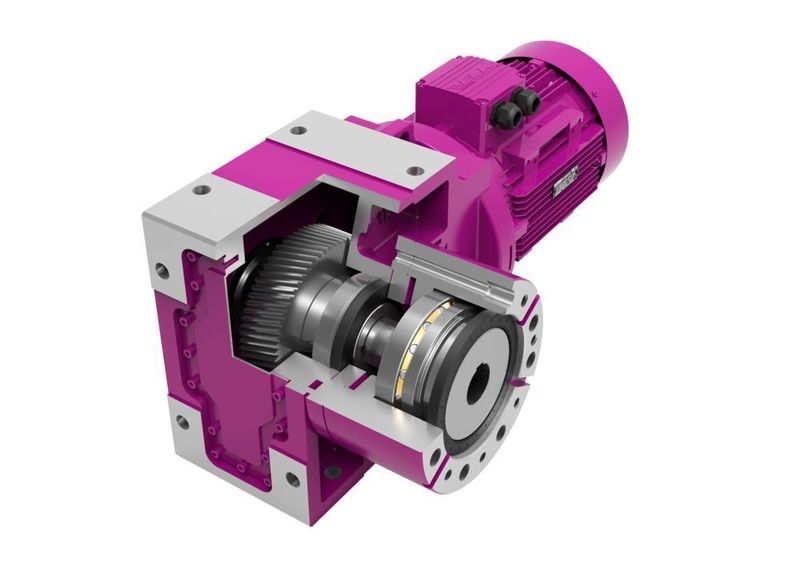 Bei den Kegelradgetrieben der Baureihe KRE stehen die Achsen des Elektromotors und des Axiallagergehäuses senkrecht zueinander.  (Yilmaz Redüktör)