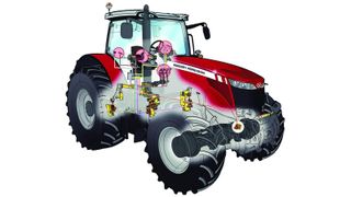 Massey Ferguson Traktor mit vier hydraulischen Dämpfermodulen an der Kabinenaußenkante Bild: AGCO Corp. (Archiv: Vogel Business Media)