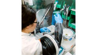 At the glovebox array – a sealed container in which sensitive substances can be processed in a closed atmosphere – Master’s degree student Yanning Ding is demonstrating how the ultra-thin perovskite layer is produced. (Source: Sven Cichowicz / University of Stuttgart)
