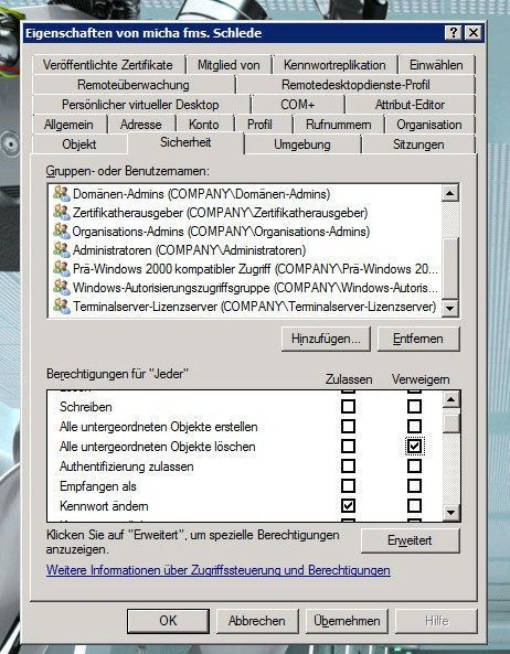 Die Zugriffsmöglichkeiten sollten im AD so weit wie möglich eingeschränkt werden: Hier wird der „Jeder“-Gruppe explizit das Recht genommen, ganze Unterzweige zu löschen. (Archiv: Vogel Business Media)