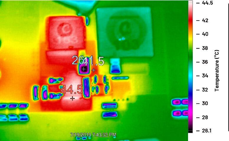 Figure 5. Thermal image of the 4-quadrant converter power train in load (reverse current) mode. A 4.5 A current flows from VOUT terminals to VIN from a 12.5 V source at VOUT.