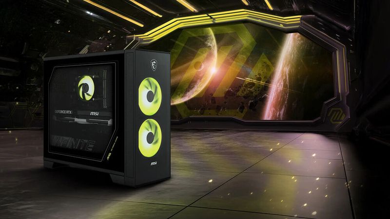 Die beiden großen RGB-Gehäuselüfter an der Vorderseite des kompakten Towers sind der Blickfang beim MSI MAG Infinite Z. Ein transparentes Seitenpanel gestattet den Blick auf Mainboard und Grafikkarte. (Bild:  MSI)