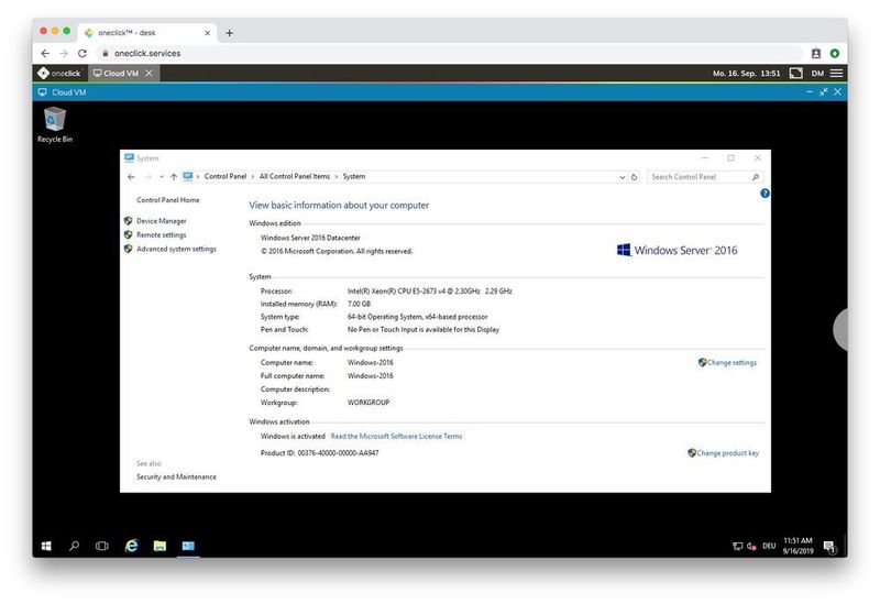 In unserem Test haben wir eine virtuelle Maschine beim Hyperscaler Microsoft Azure provisioniert. Nach wenigen Klicks war die VM einsatzbereit. Die Installation zusätzlicher Software ist weder auf dem Server, noch auf dem Client notwenig. oneclick™ nutzt das Bordmittel RDP für das Streaming in den Browser. (oneclick)