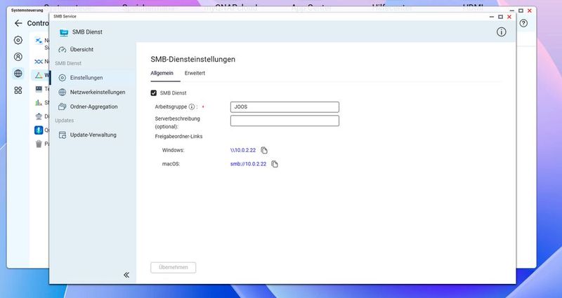 Allgemeine SMB-Diensteinstellungen mit Arbeitsgruppe und aktivem Dateidienst. (Bild: Joos – QNAP)