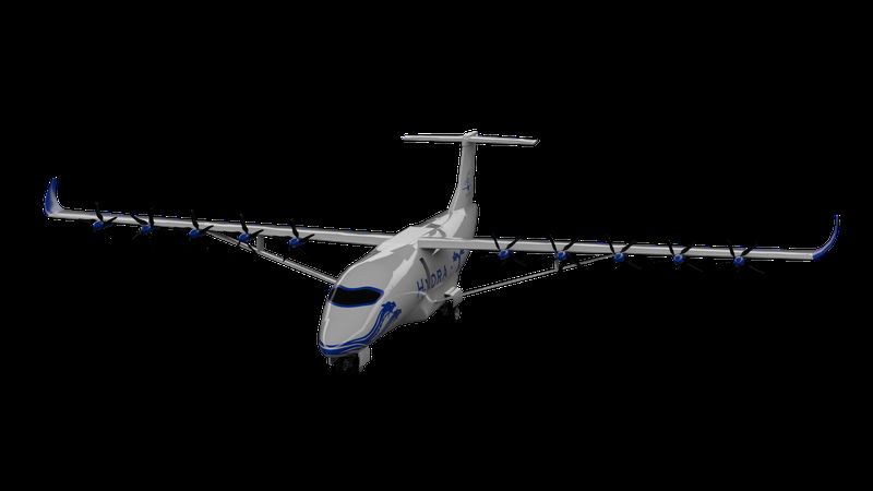 3. Platz bei der DLR Design Challenge 2026: Hydra-X ist ein von Grund auf neu entwickeltes CS-23-Testflugzeug, das den direkten Vergleich einer wasserstoffbetriebenen Brennstoffzelle und einer Wellenleistungsturbine unter realen Flugbedingungen ermöglicht. Beide Antriebsarchitekturen nutzen eine gemeinsame Flugzeugzelle und ein zehnpropelliges Distributed-Electric-Propulsion-System und können über ein zweiachsiges Schienensystem auf standardisierten Racks innerhalb eines Arbeitstages ausgetauscht werden. Besonders hervorzuheben sind die große Cargo Door, die modulare Systemarchitektur sowie austauschbare Flügelspitzen und ein aufklappbarer Bugbereich, die zukünftige Forschungs- und Sensortechnologien ermöglichen.  (Bild: RWTH Aachen/HYDRA-X)