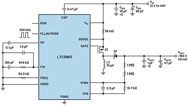 Bild 11: Eine Schaltung mit dem LTC3863 sind VIN = 12 bis 40 V, VOUT- = -150  V und fSW = 320 kHz. (Bild: Analog Devices)