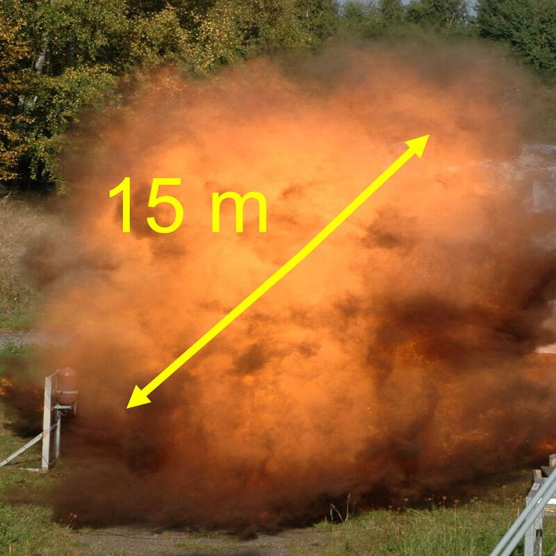 Ein Feuerball mit über 15 m im Durchmesser entsteht, wenn nur 1,5 kg Braunkohlestaub explodieren