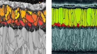 Bild 3: Links sieht man das zufällig angeordnete Kristallgefüge (rötlich), das sich bei einer konventionellen CVD-Aluminiumoxidbeschichtung auf dem WSP-Substrat ausbildet. Wendet man die Inveio-Technologie von Sandvik Coromant an, wachsen alle Kristalle in die selbe Richtung und verdicken sich zur Oberfläche hin (grünlich). (Bild: Sandvik Coromant)