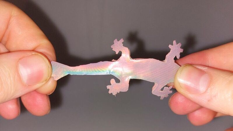 Chemiker der Universität des Saarlandes haben  Kunststoffpartikel für den 3D-Druck entwickelt, die Strukturfarben zeigen. Zieht man wie hier an dem 3D-gedruckten Gecko, ändert sich die Farbe.