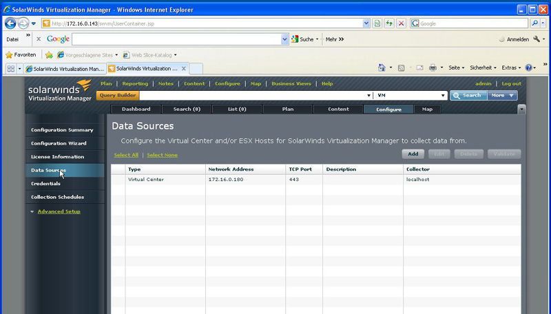 Abbildung 1: Seine Daten bezieht der Solarwinds Virtualization Manager vom vCenter Server. Diesen müssen Sie zuerst als Data Source in die Solarwinds Überwachung integrieren. Bild: Baumeister (Archiv: Vogel Business Media)