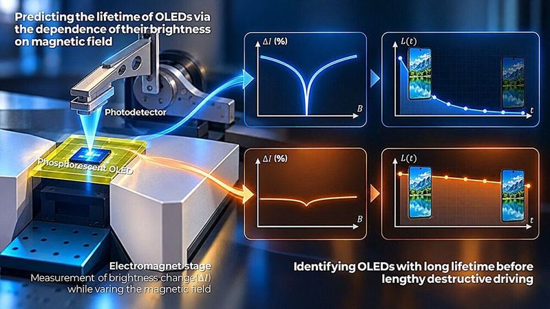 Versuchsaufbau: Mit einer Magnetfeldmessung lässt sich die Lebensdauer blauer OLEDs früh anzeigen.(Bild:  The Korea Advanced Institute of Science and Technology (KAIST))