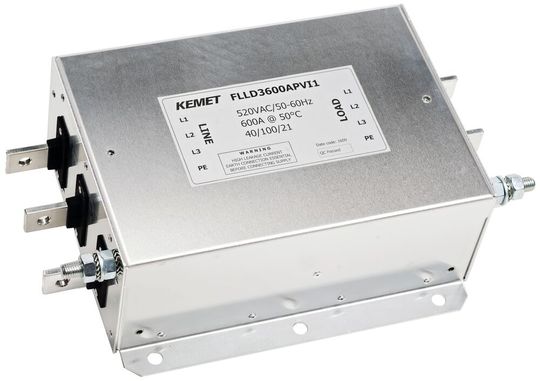 Bild 1: Hochstrom-/3-Phasen-EMI-Filter FLLD3600APVI1 von Kemet. Bild 1: Hochstrom-/3-Phasen-EMI-Filter FLLD3600APVI1 von Kemet.