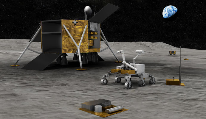 Darstellung einer potentiellen lunaren Infrastruktur, d.h. ein Zusammenwirken mehrerer wissenschaftlicher Geräte auf dem Mond.  (DLR)