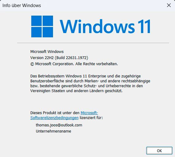 Anzeigen der aktuellen Windows-Version über den Befehl „winver“. (Bild: Microsoft - Joos)