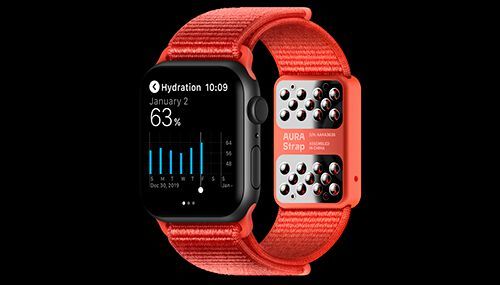 Das AURA-Armband für Apple Watch verbessert alle Funktionen des Geräts zur Überwachung der Gesundheit/Fitness und macht es zum ultimativen Messinstrument für alle, die Sport treiben, eine Diät machen oder einfach nur fit und gesund bleiben wollen. Das neue Armband und die Begleit-App (für Apple Watch und iPhone) ermöglichen das Messen von Körperzusammensetzung (Fett-/Muskelanteil) und Flüssigkeitshaushalt, um den Fitness-/Diätfortschritt zu verfolgen und individuellere Erkenntnisse zur Verbesserung des persönlichen Lebensstils zu erhalten. Die Bioimpedanz als Kerntechnologie erweitert die Gesundheitsfunktionen der Apple Watch. Das AURA-Armband überträgt die Ergebnisse über die Ultraschallschnittstelle an die Uhr.  (Bild: Aura)
