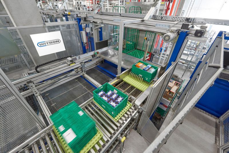 Behälter mit im DPS kommissionierten Artikeln werden durch die COMs mit OPM-Artikeln zusammengeführt. Die bereits seit mehr als 20 Jahren bei Spar integrierte DPS-Technologie wurde hocheffizient in modernste OPM-Prozesse integriert. (Witron)