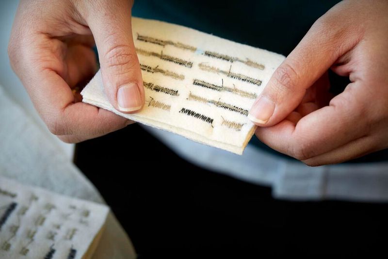 The dark yarn is the cellulose yarn and the lighter one is a commercially available silver-plated yarn, both of which are electrically conductive.  (Anna-Lena Lundqvist/Chalmers University of Technology)