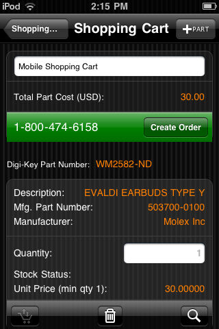 Im Shopping-Cart der iPhone-Applikation von Digi-Key können Kunden Produkte ordern (Archiv: Vogel Business Media)