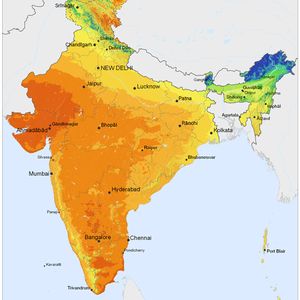 Solar ressource map of India - Especially the West of the Subcontinet offers huge potentials for the use of solar power.