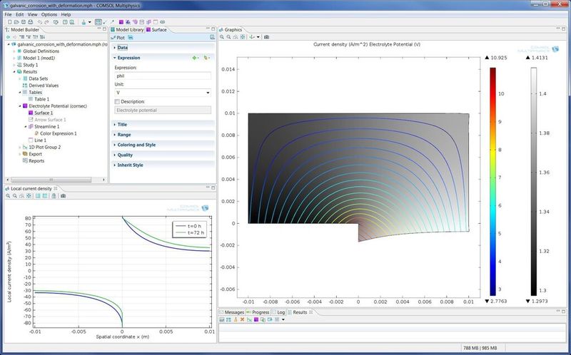 Galvanische Korrosion einer Magnesiumlegierung (AE44) verbunden mit Baustahl in einer Salzwasserlösung. Der Elektroden-Materialverschleiß ist durch ein bewegliches Netz dargestellt, eine wichtige, zu berücksichtigende Variable bei der Durchführung solcher Simulationen. (Bild: Comsol Multiphysics)