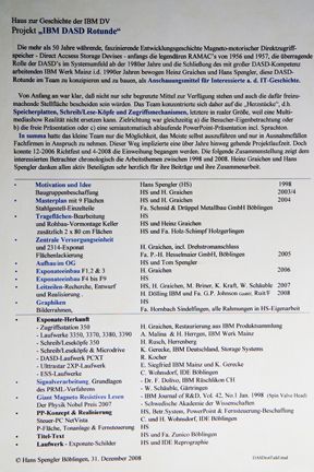Schautafel: Entwicklung der DASD- Rotunde. Der Werdegang des IBM-Museums über die Direct Access Storage Devices.  Die Initiatoren und Erbauer der Plattenrotunde im IBM-Museum waren Hans W. Spengler und Heinz Graichen. Es dauerte über 10 Jahre, bis diese Arbeit fertiggestellt und zur Besichtigung freigegeben werden konnte. Allein schon die Datensammlung benötigte viele Jahre, die vor allem von Hans W. Spengler vorangetrieben wurde.     (Archiv: Vogel Business Media)