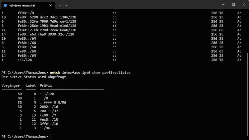 Netsh-Ausgabe der IPv6-Präfixrichtlinien stellt die aktuelle Priorisierung verschiedener Präfixe dar und zeigt die höhere Gewichtung von IPv4-mapped-Adressen. (Bild: Joos | Microsoft)