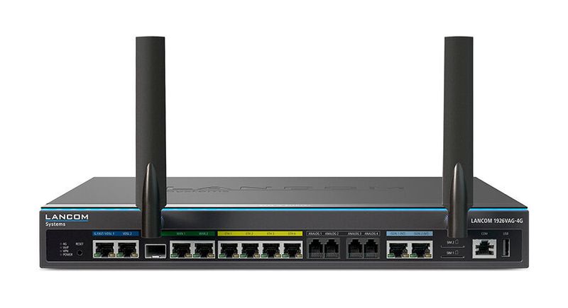Lancom 1926VAG-4G: High-End-Router für SD-WAN-Szenarien mit zwei VDSL-Supervectoring-Modems beziehungsweise G.Fast-Modem und Dual-SIM LTE-Advanced-Backup. Ein Modell mit 5G Mobilfunk-Modul ist angekündigt. (Lancom Systems)