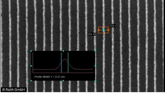 Demonstration der höchsten Auflösung von 5,2 nm bei gleichzeitig geringer Kantenrauhigkeit mit dem Medusa 84 SiH, prozessiert bei Raith GmbH mit ihrem E-Beam Tool „Raith Voyager“. (Bild:  Allresist)