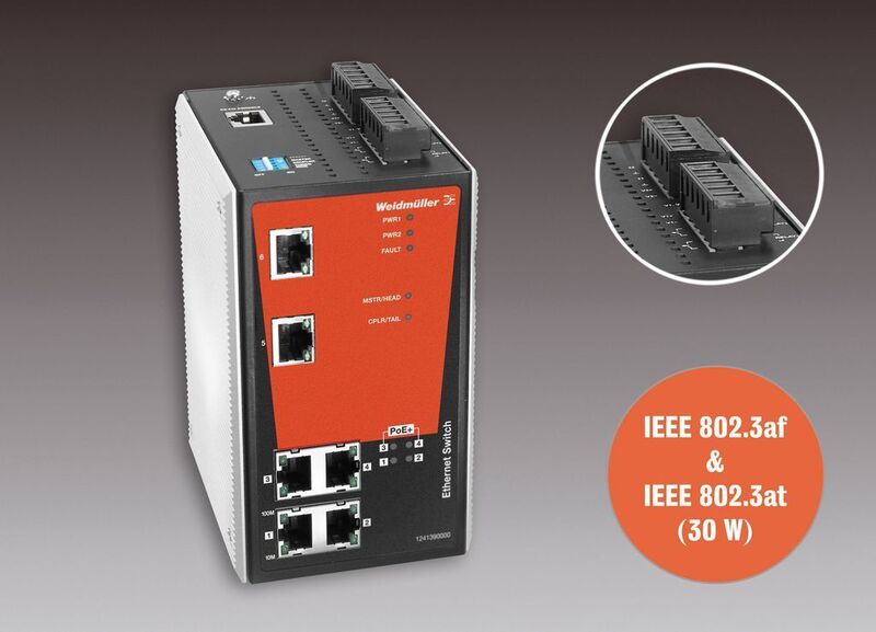 Weidmüller bietet Power-over-Ethernet (PoE) Switches im Produktsortiment Basic Line (Unmanaged) respektive Premium Line (Managed). Detail: 24 V für PoE-Versorgung (Archiv: Vogel Business Media)