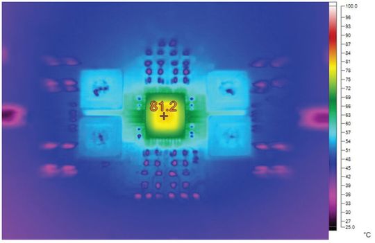 Figure 4. LT7200S thermal image for 12 V to 1.2 V at 20 A, 1 MHz, no airflow, TA = 25°C.(Source:  Analog Devices)