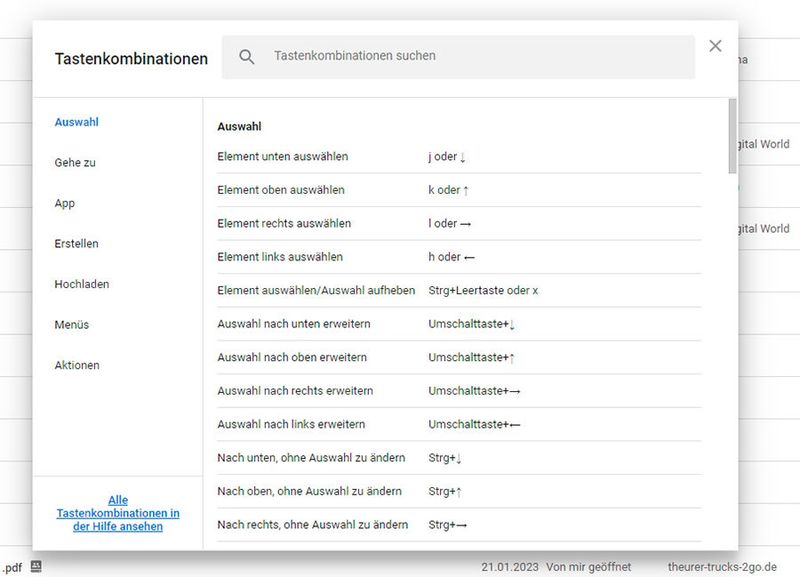 Google Drive bietet auch verschiedene Tastenkombinationen.