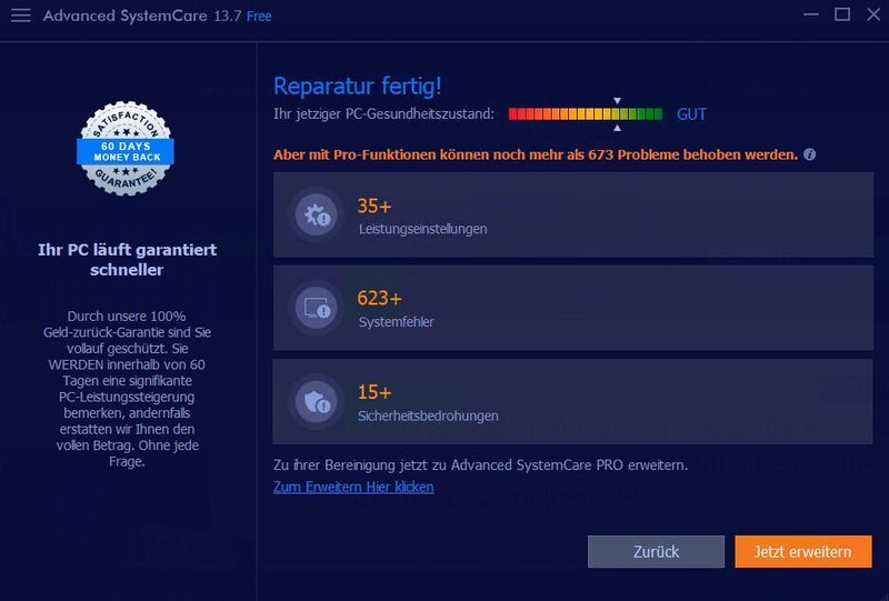 Der Status der Reparatur wird am Ende angezeigt. (Joos/Advanced SystemCare Free (Screenshot))