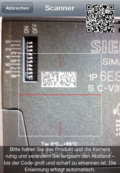 Scannen von Produktcodes/EAN Codes mit direkter Anzeige aller technischen Informationen zu diesem Produkt inkl. grafischer Daten (CAx Daten). (Siemens)