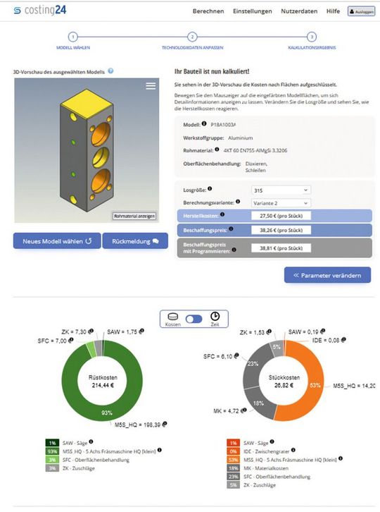 Costing 24 erstellt anhand der Geometrie die Arbeitsfolgen für die Herstellung und berechnet die Herstellkosten nach individuellen Parametern.(Bild:  Simus Systems)