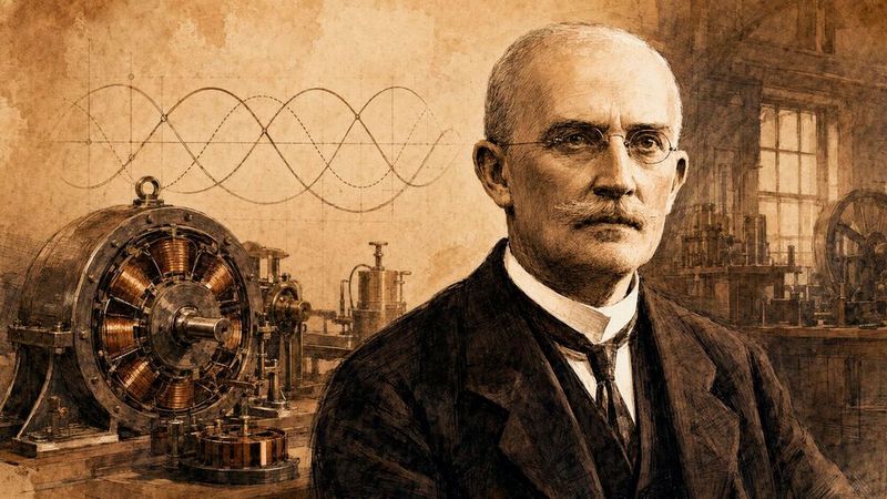 Friedrich August Haselwander setzte 1887 in Offenburg einen frühen dreiphasigen Synchrongenerator praktisch ein. Wirtschaftlich profitierte der Erfinder von seiner Pionierarbeit jedoch kaum.(Bild:  Dall-E / KI-generiert)